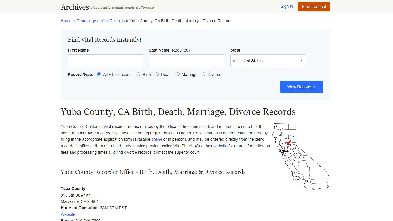 Yuba County, CA Birth, Death, Marriage, Divorce Records